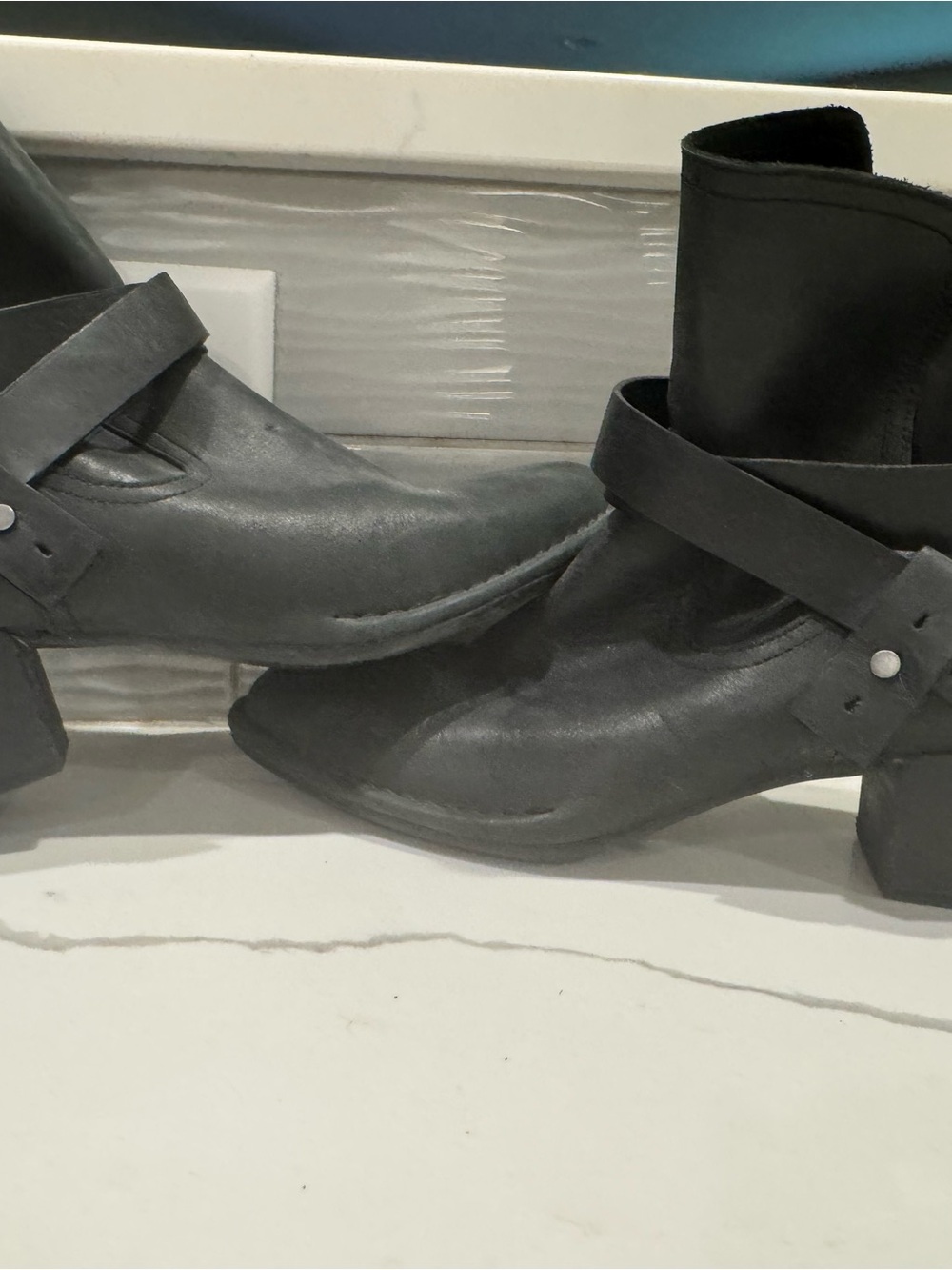 UGG Black Leather Ankle Booties with Strap and Block Heel